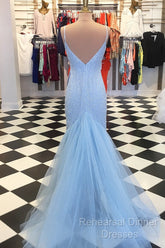 Custom Made Blue V Neck Mermaid Semi Formal Prom Dresses, Mermaid Formal Dresses, Blue Evening Dresses